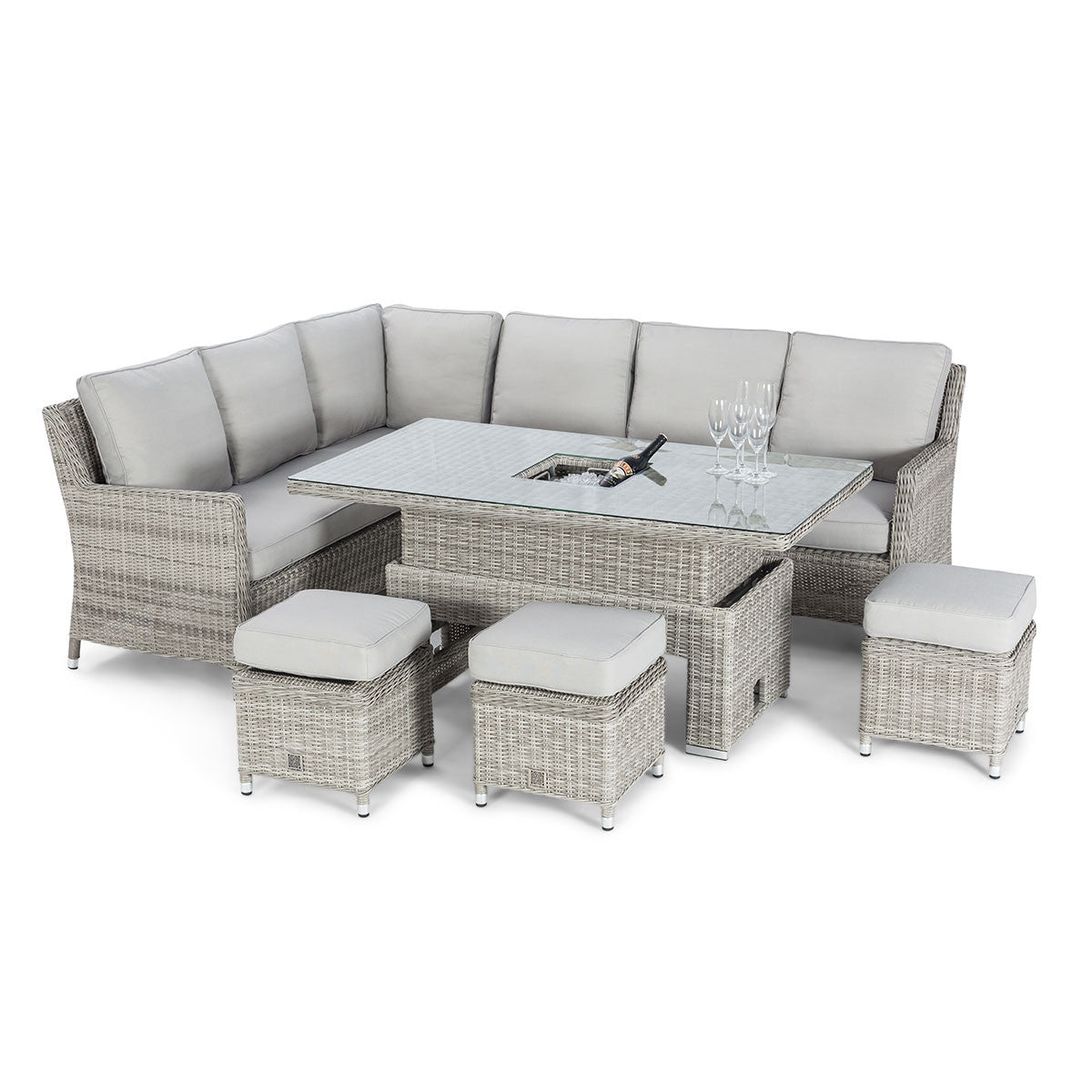 Maze Oxford Grey Rattan Outdoor Corner Sofa Dining Set with Ice Bucket & Rising Table | 6-8 Seater
